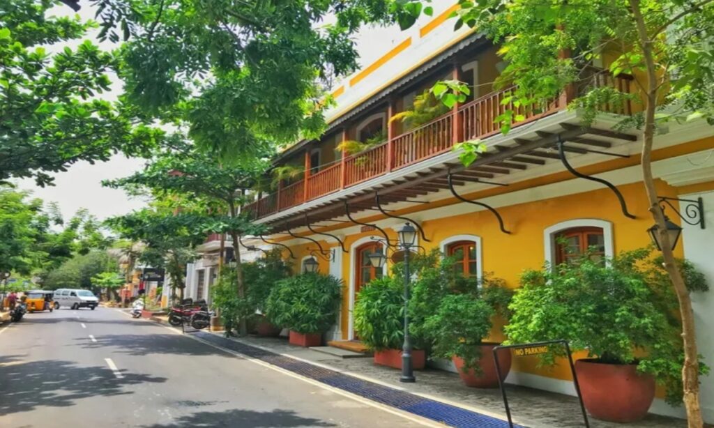 Colorful colonial buildings and French-style streets in White Town, Pondicherry