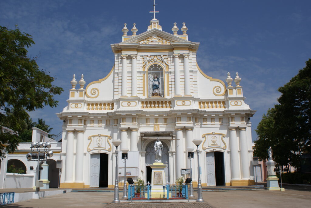 Immaculate Conception Cathedral in Pondicherry with Portuguese-style architecture and peaceful surroundings